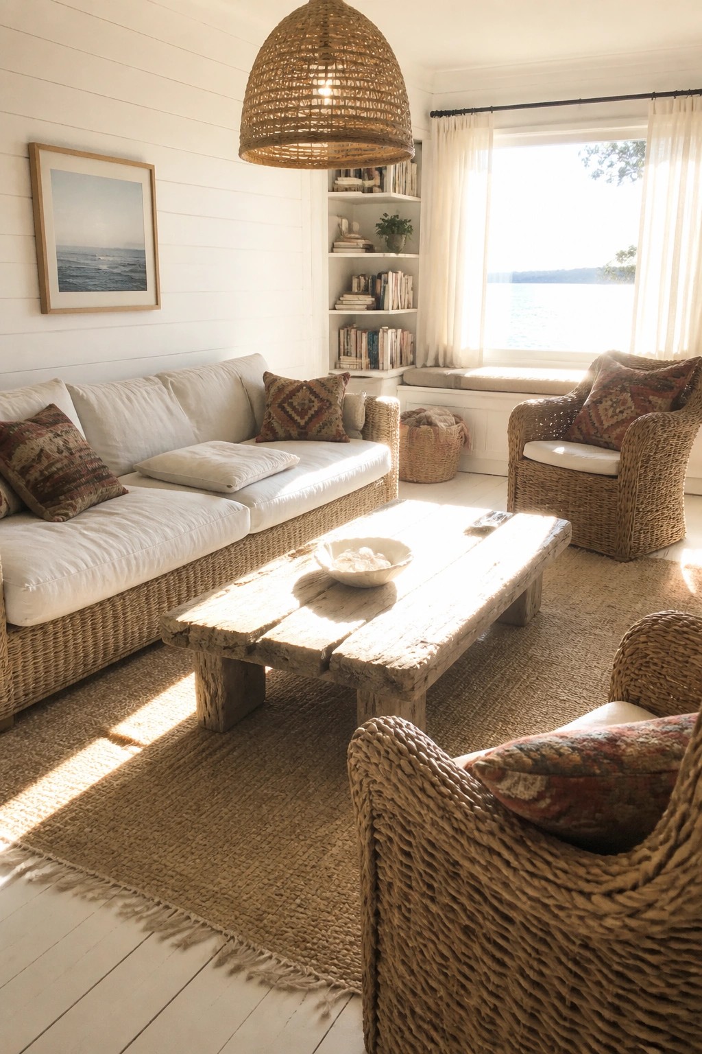 A bright living room featuring a white slipcovered seagrass sofa, two woven armchairs, a rustic wood coffee table on a jute rug, and built-in bookshelves beside a large window.