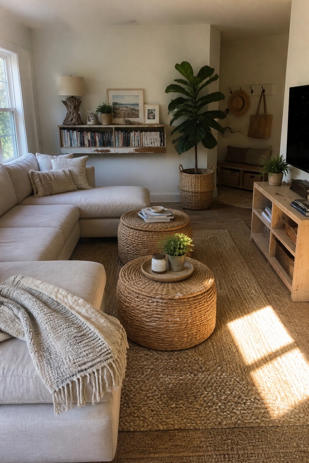 A bright living room featuring a light sectional sofa, multiple round woven ottomans on a large jute rug, and a tall fiddle leaf fig in a woven basket.