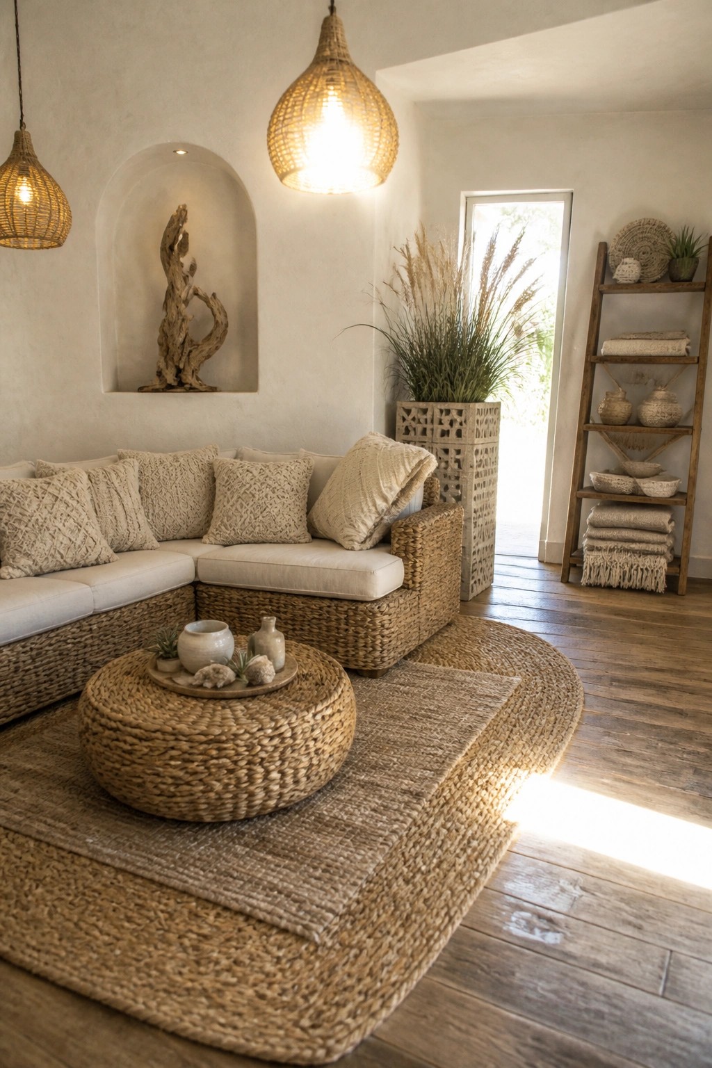 A coastal boho living room featuring a white sectional sofa with a woven seagrass frame, a round woven coffee table on layered jute rugs, and hanging wicker pendant lights.