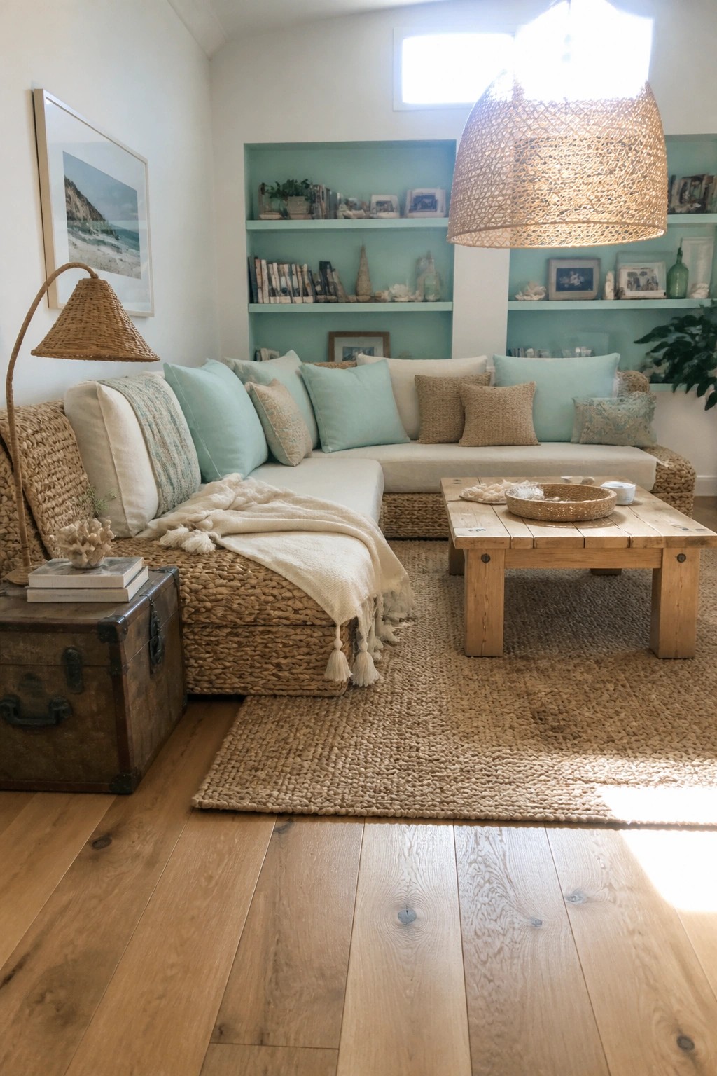 A coastal-style living room features an L-shaped sectional sofa with a woven seagrass frame, light blue built-in shelves filled with books and decor, a wooden coffee table on a jute rug, and hardwood floors.