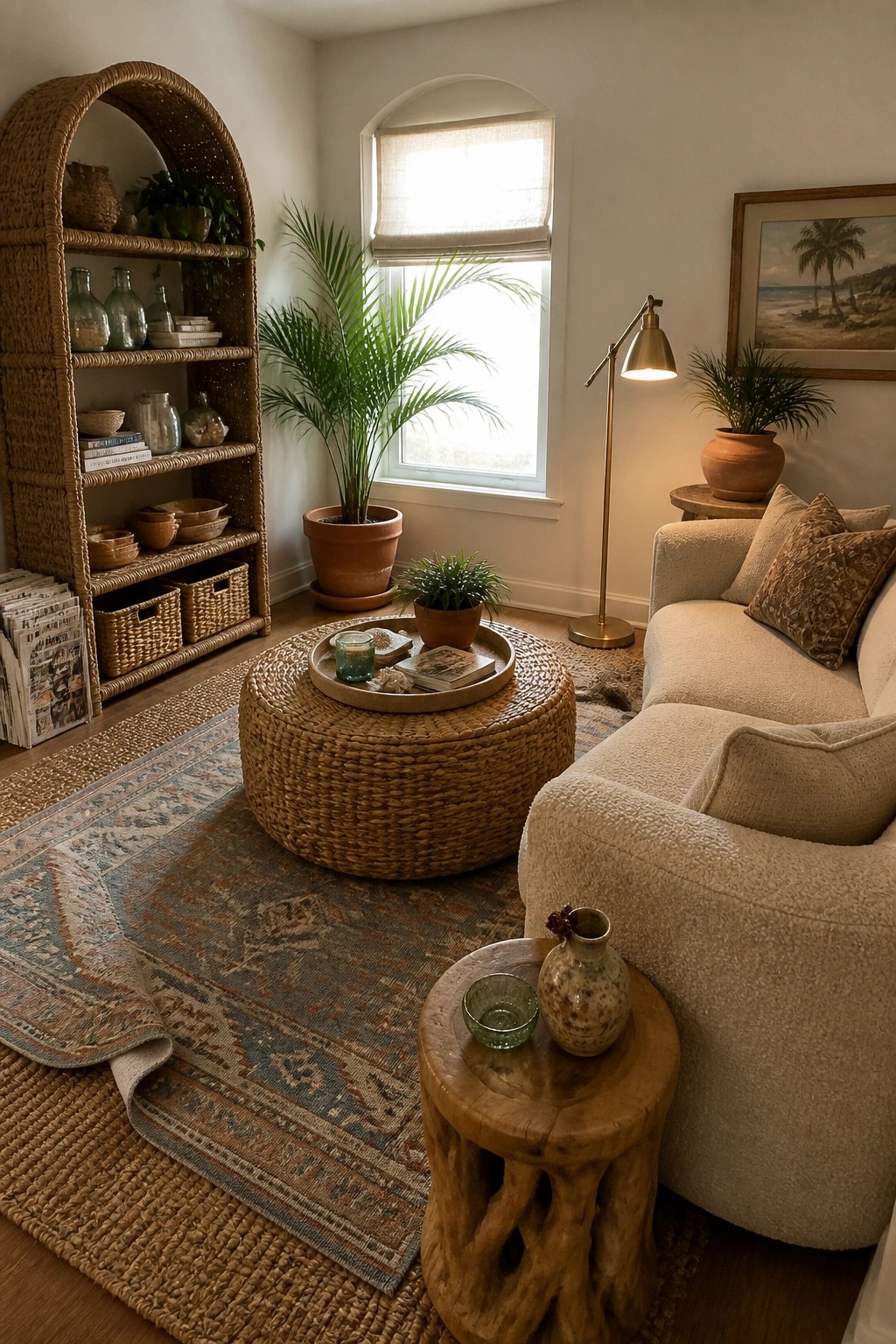 A living room featuring a tall arched woven seagrass shelving unit filled with books and baskets, a round woven ottoman used as a coffee table, and a beige sofa beside a window with a potted palm.