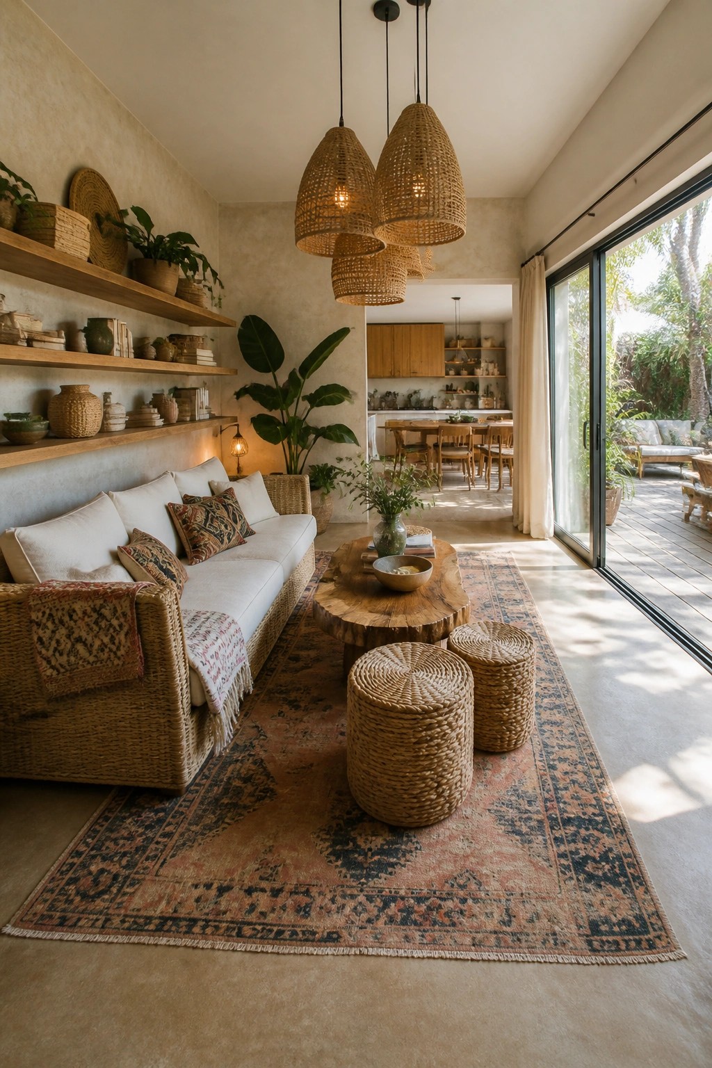 Living room with a white sofa on a large patterned rug, round wooden coffee table, three woven seagrass stools, hanging woven pendant lights, and open glass doors to an outdoor deck.