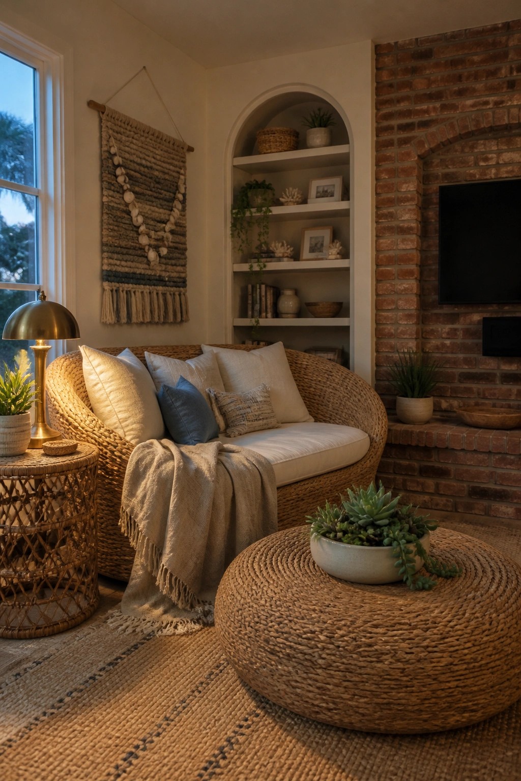 A cozy living room corner featuring a large round woven rattan chair with white and blue pillows, a matching round woven ottoman with a succulent, built-in arched shelves, a brick fireplace, and a side table with a lamp.