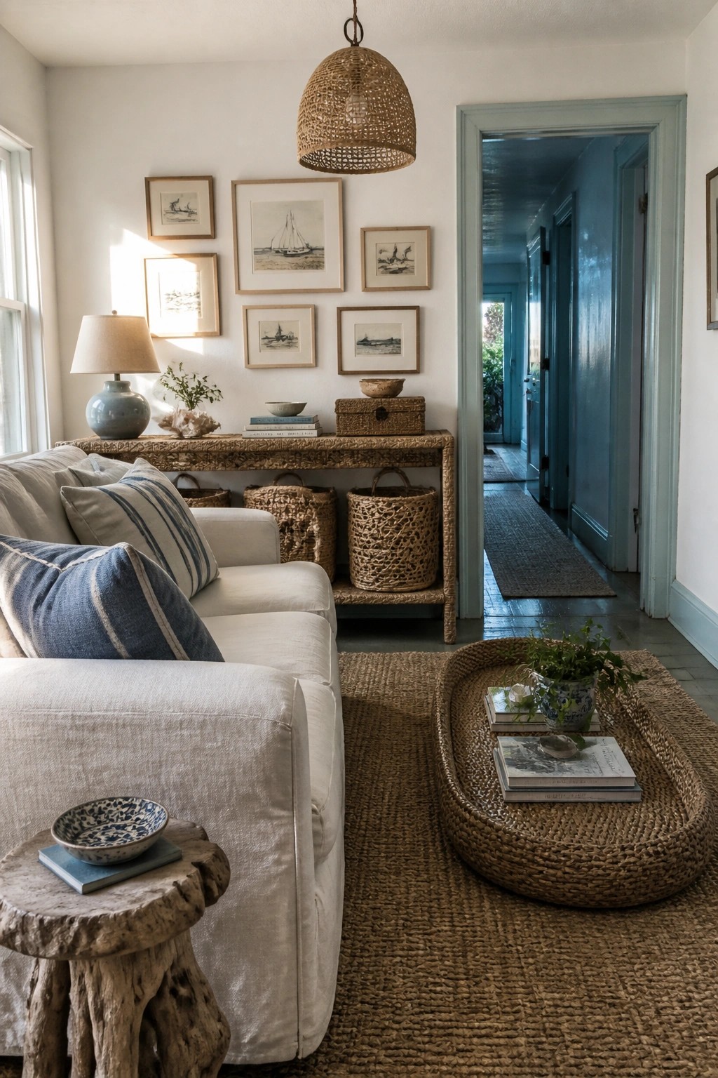 A coastal living room features a white sofa, seagrass console table with woven baskets stored underneath, framed art on the wall, and a large oval seagrass ottoman on a jute rug.
