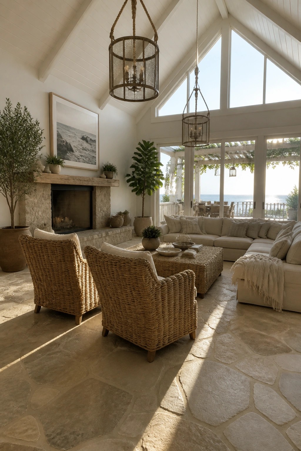 A coastal living room with two woven seagrass armchairs facing a large woven ottoman, a stone fireplace on the left wall, and large glass doors opening to an ocean view.