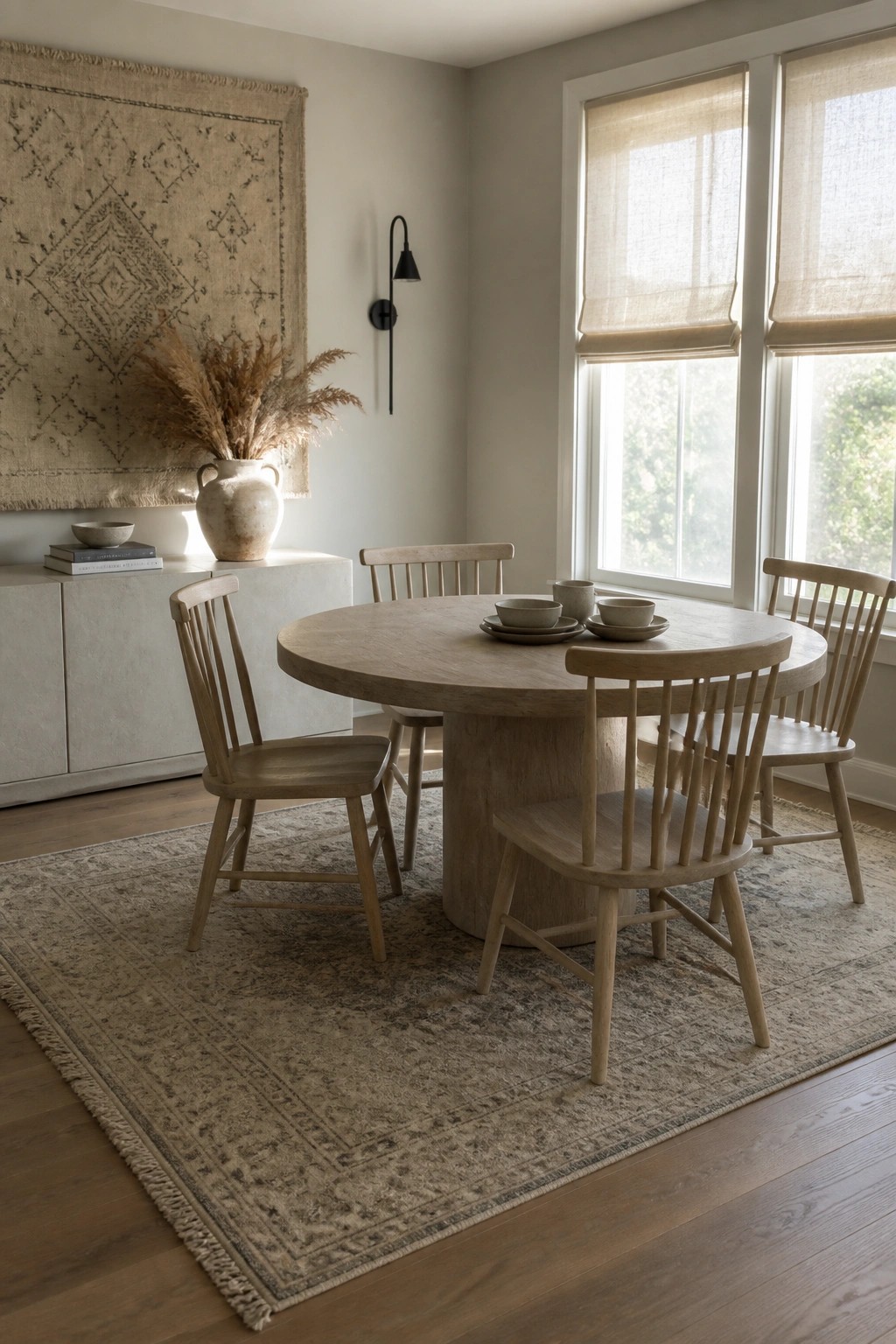 A round wooden dining table with spindle-back chairs centered on a large patterned area rug in a neutral dining room with a wall tapestry and windows.