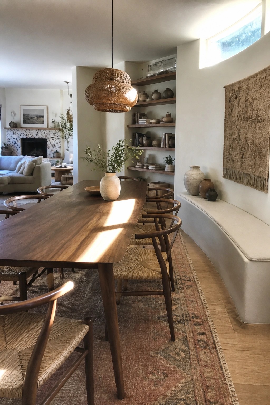 A long wooden dining table with woven chairs on one side and a white curved built-in bench on the other, positioned under open wooden shelves holding pottery and books.