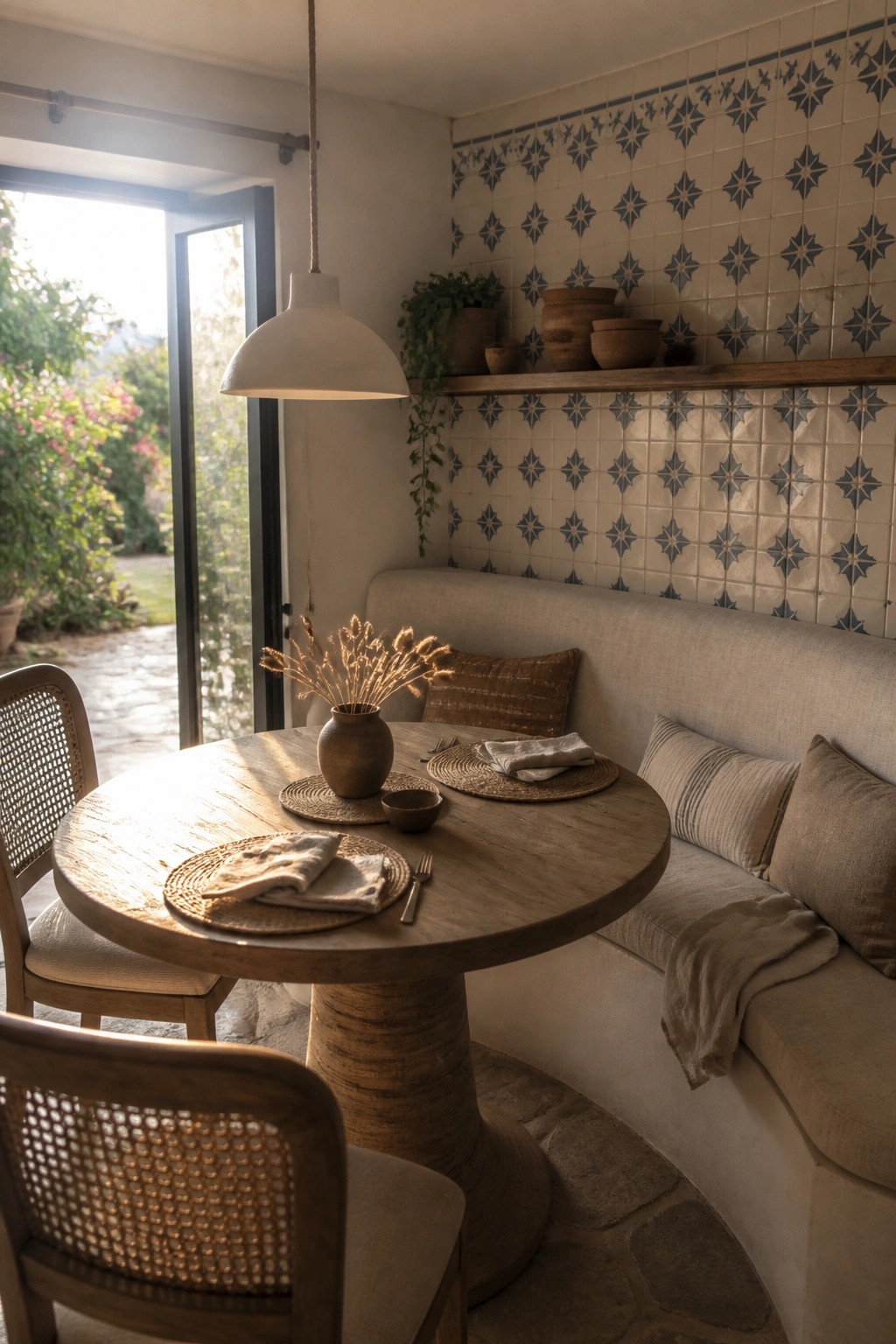 A round wooden dining table with mixed seating including a built-in upholstered bench, cane-back chairs, woven placemats, and a blue-and-white tiled wall.