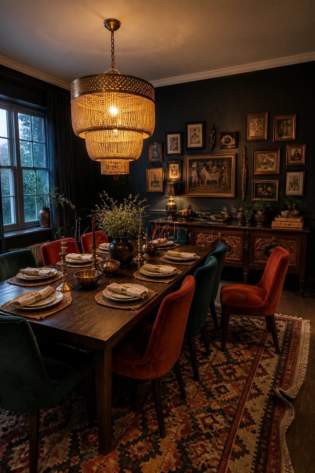 A dining room with dark blue walls, a large lit chandelier, a wooden table set with plates and napkins, and mixed velvet chairs in red and green tones.