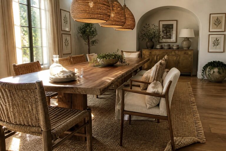 A dining room with a large wooden table, mixed upholstered and rattan chairs, woven pendant lights, and a jute rug on hardwood flooring.