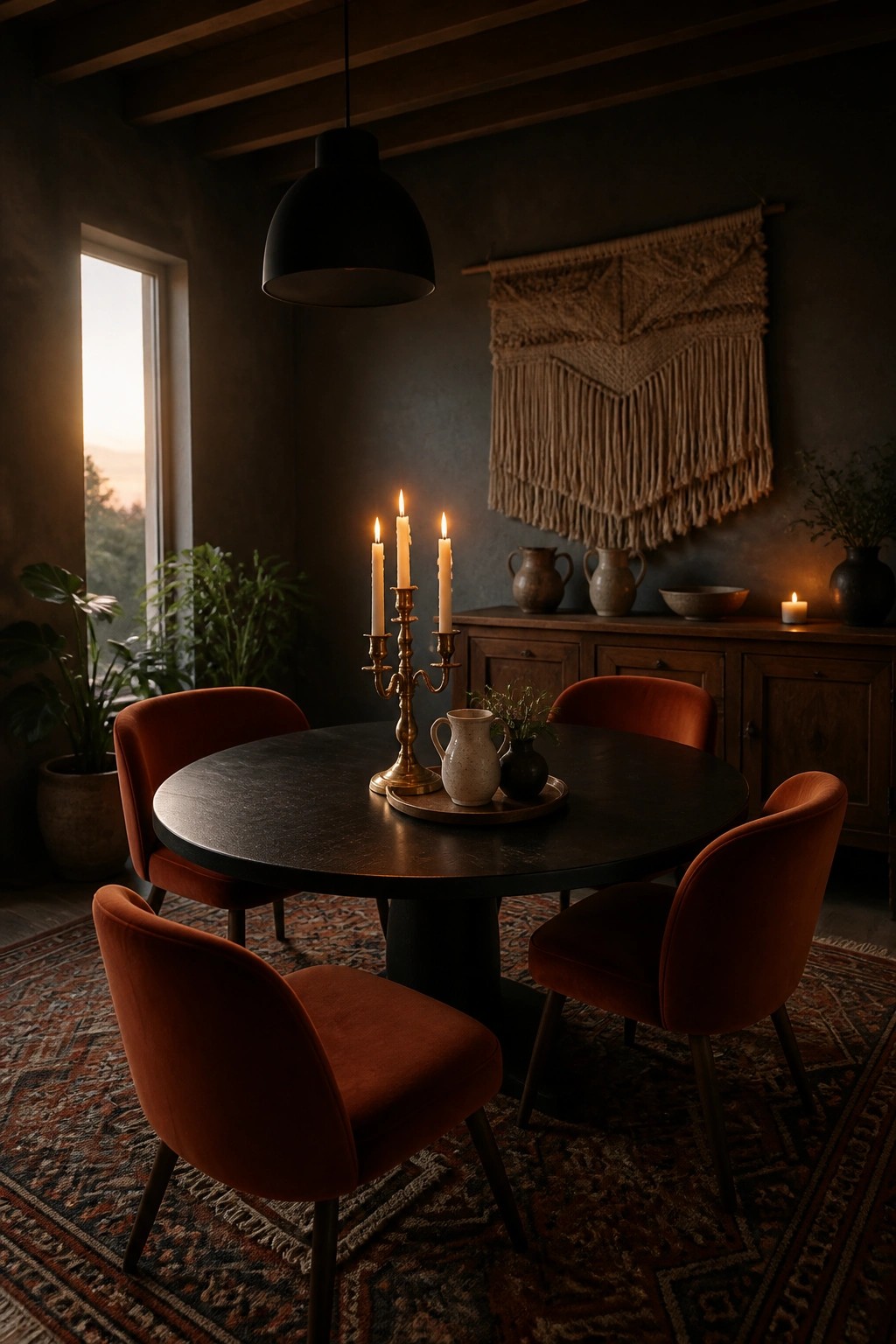 A round dark dining table with orange velvet chairs sits centered on a large patterned rug in a room with dark walls, a macrame wall hanging, and a brass candelabra holding three lit candles.