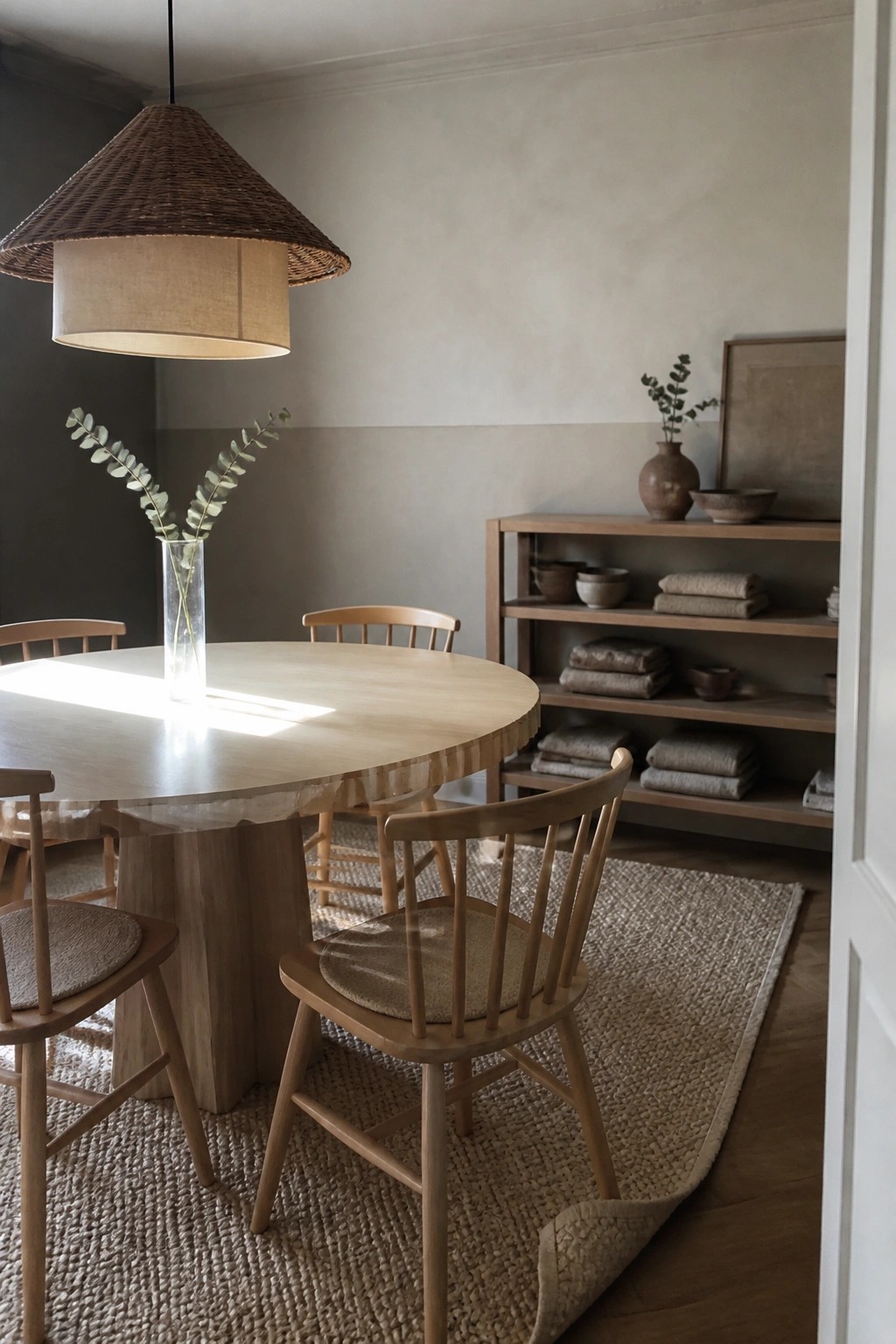 Sunlit round wooden table with spindle chairs, woven rug, and neutral shelving unit.