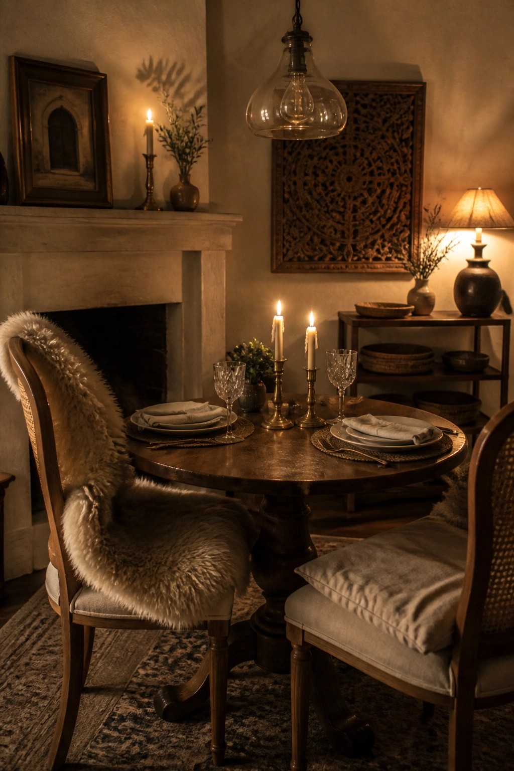A dimly lit dining room with a round wooden table set for two, candles in brass holders, crystal glasses, and wooden chairs, one of which has a light fur throw draped over it.