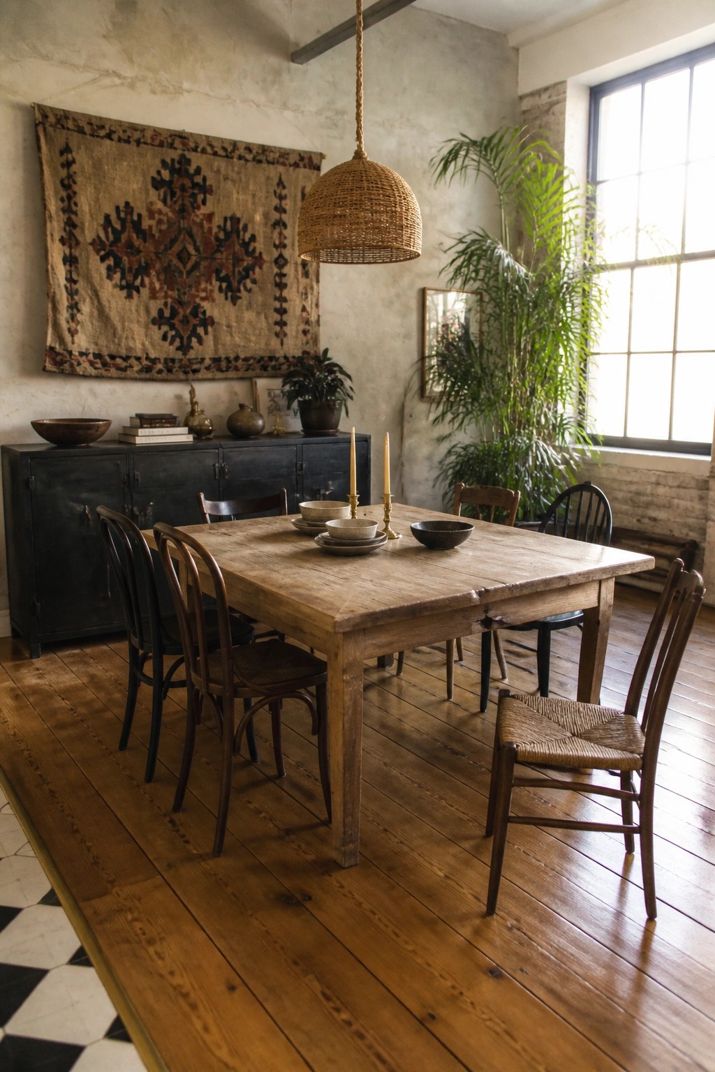A large wooden dining table with mismatched wooden chairs sits on a wood floor beneath a woven pendant light, with a dark cabinet and large wall tapestry in the background.