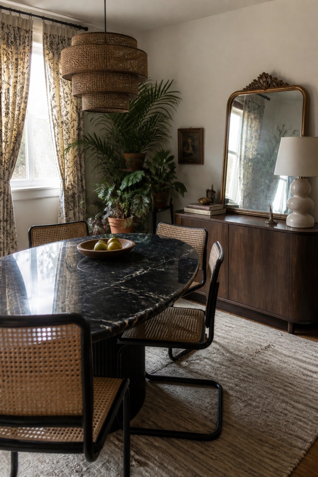 Oval black marble table with cane chairs, rattan pendant, plants, and wooden sideboard.