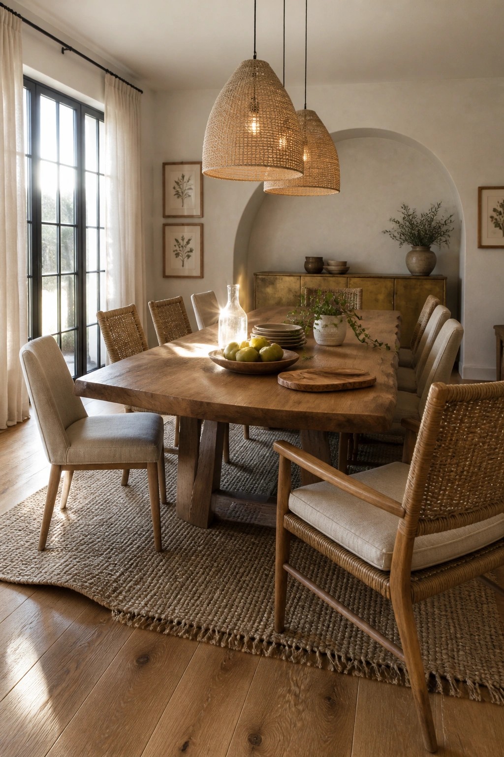 A dining room with a large wooden table, mixed upholstered and rattan chairs, woven pendant lights, and a jute rug on hardwood flooring.