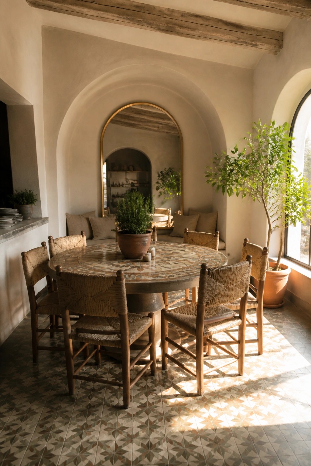 A round dining table with a patterned top sits surrounded by woven wooden chairs in a light-filled room with arched doorways and patterned tile flooring.