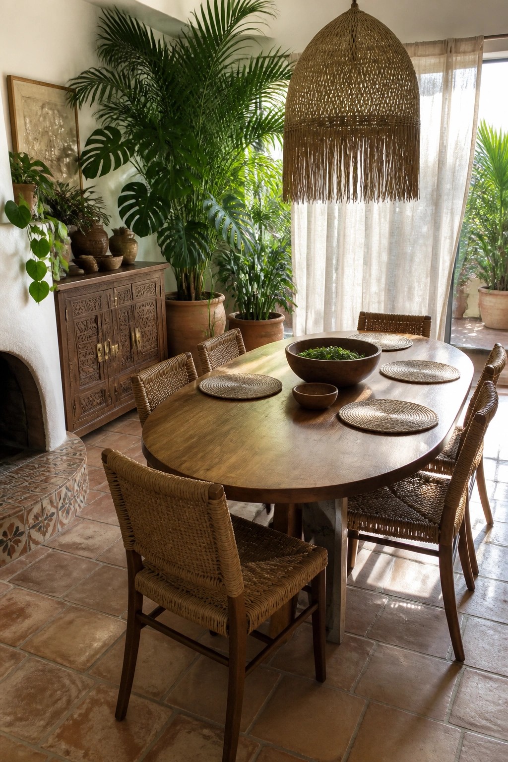 Rustic wooden oval table with woven chairs under fringed pendant amid potted plants