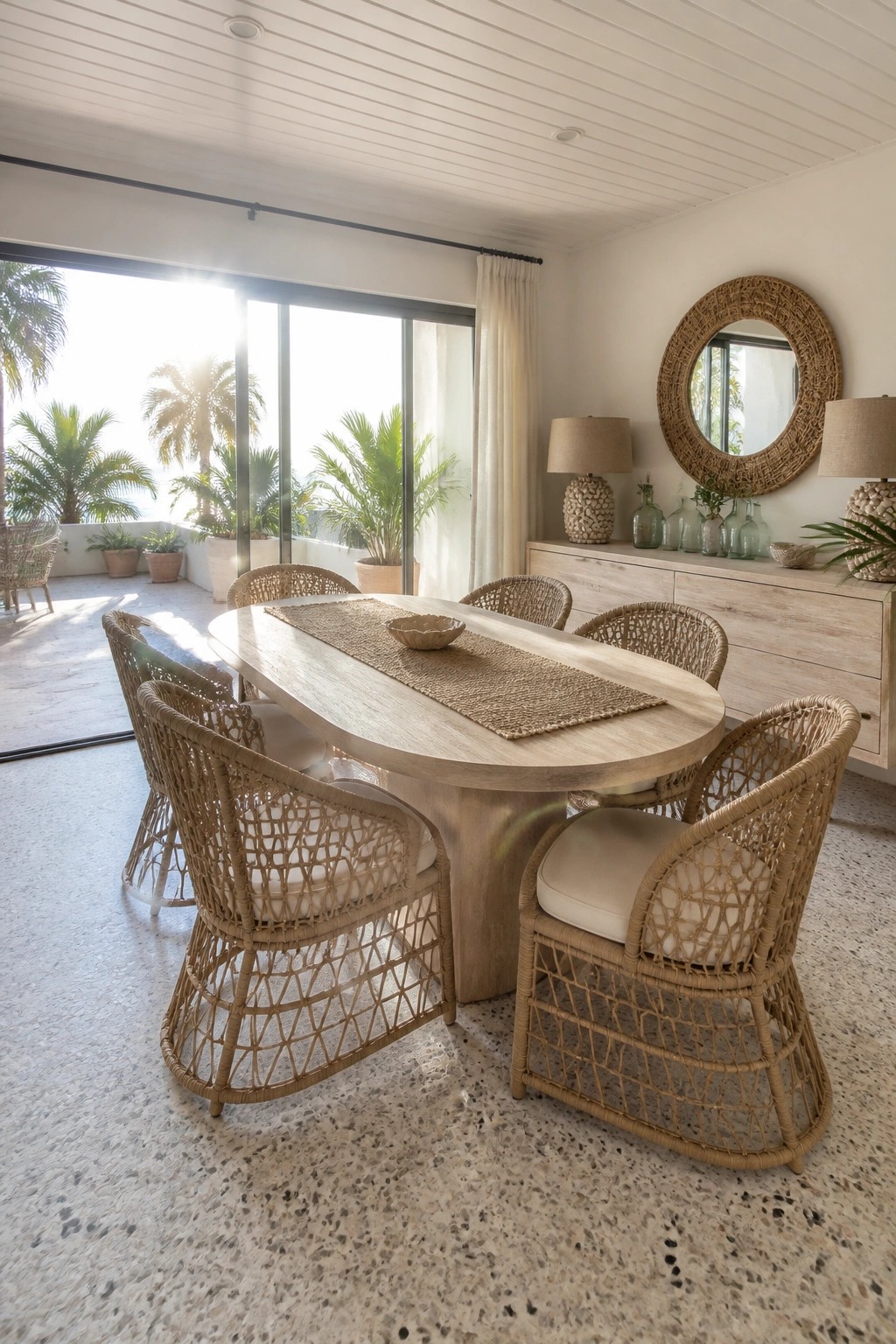 An indoor dining room featuring an oval light wood table with a woven runner, surrounded by six woven rattan chairs with white cushions, next to a light wood sideboard with lamps and a round mirror.