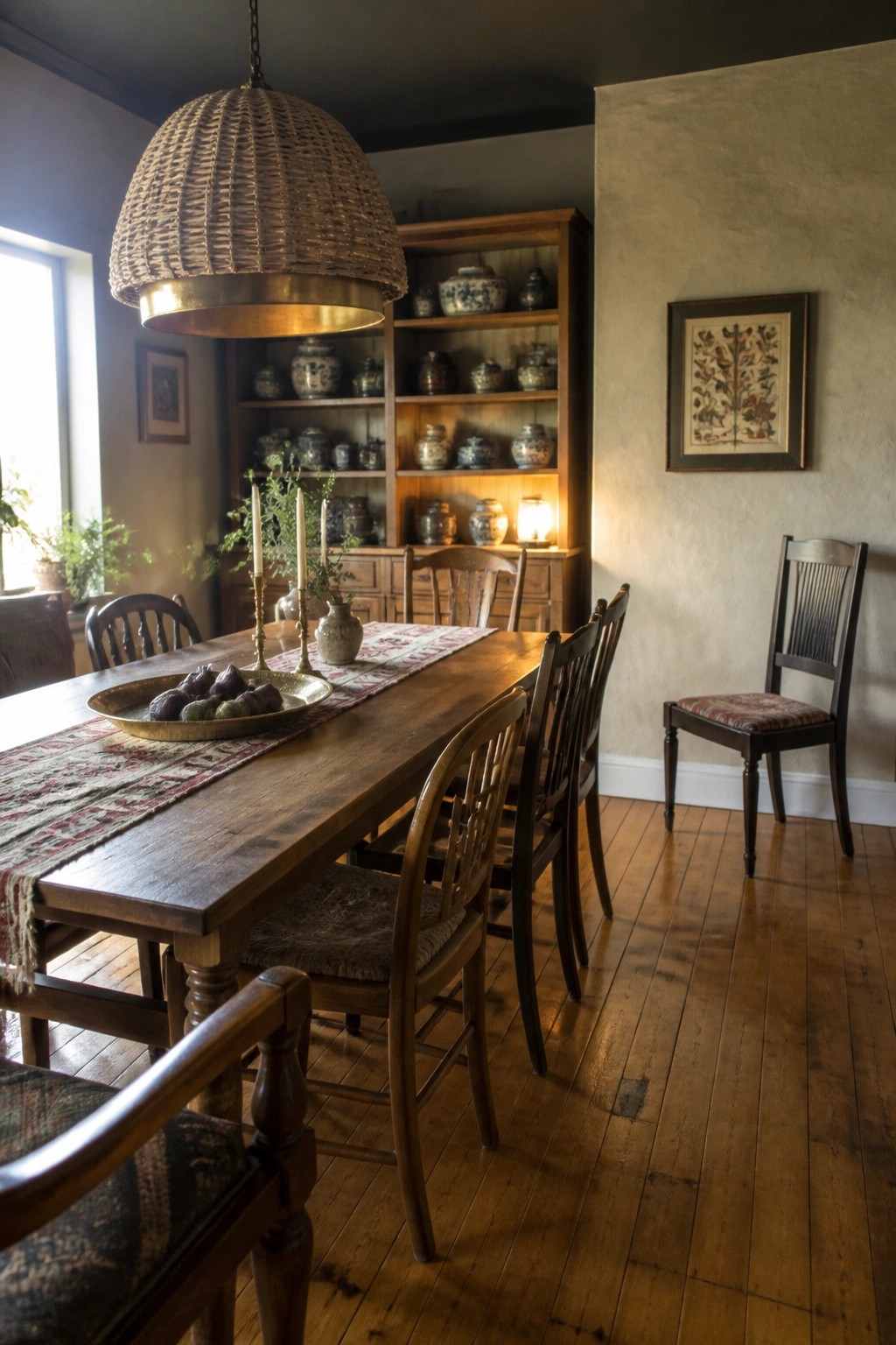 A long wooden dining table with mixed chairs and a woven pendant light above it sits in front of a wooden hutch filled with pottery.