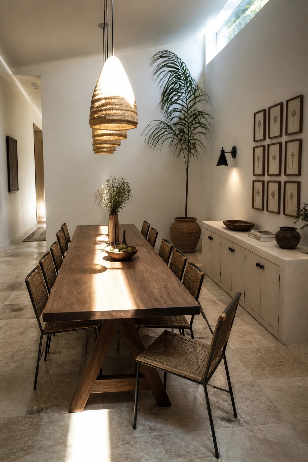 A long wooden dining table with woven chairs is lit by multiple layered woven pendant lights in a bright neutral room with a tall potted plant and framed wall art.