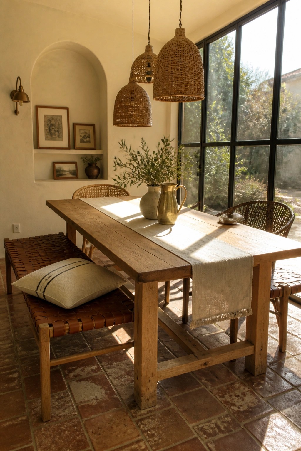 A rustic wooden dining table with woven pendant lights hanging above it, set against large windows and surrounded by mixed rattan chairs and a leather bench.