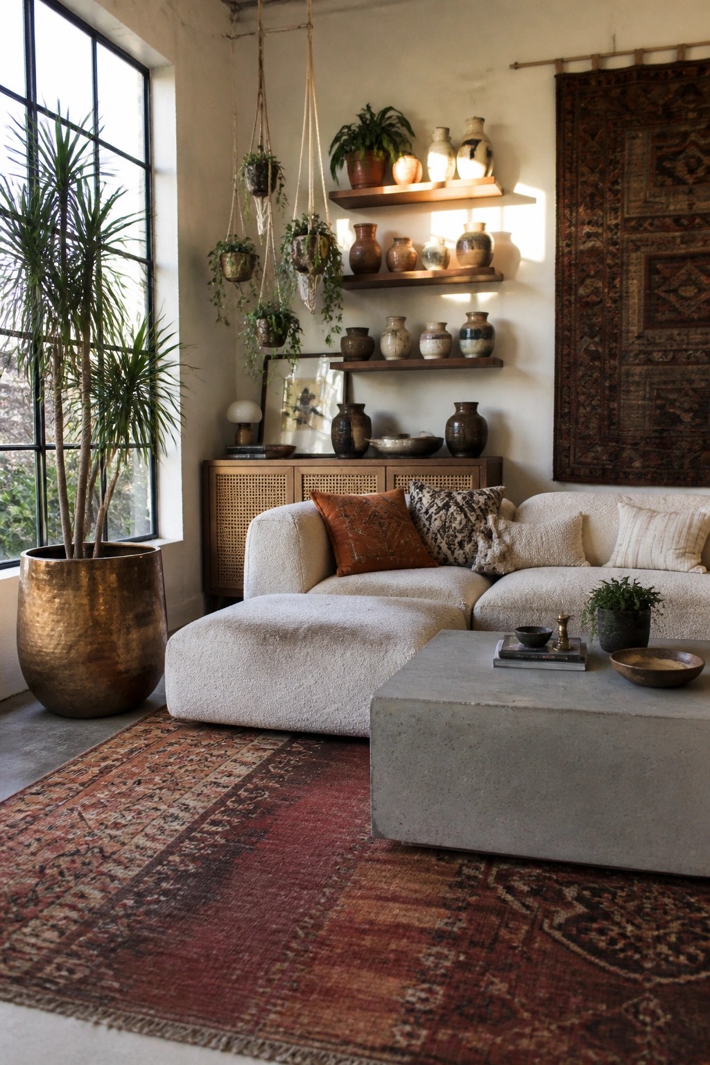 A boho living room features a large bronze potted plant beside a black-framed window, a white sectional sofa with patterned pillows, wooden floating shelves holding pottery and plants, hanging macrame planters, a concrete coffee table, and layered rugs.
