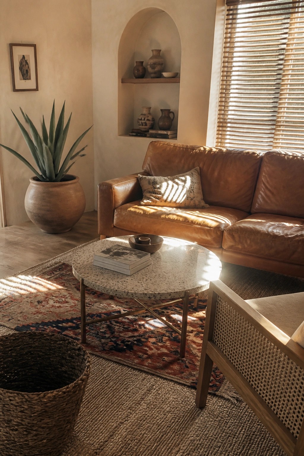 A boho living room with a brown leather sofa, round terrazzo coffee table on a patterned rug, large potted agave plant in a terracotta pot, and an arched wall niche holding pottery.