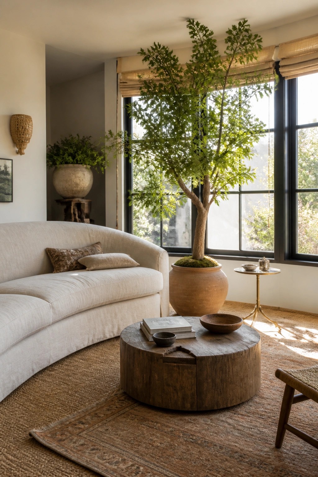 A living room featuring a large tree in a terracotta pot placed in front of tall windows, next to a curved sofa and round wooden coffee table.