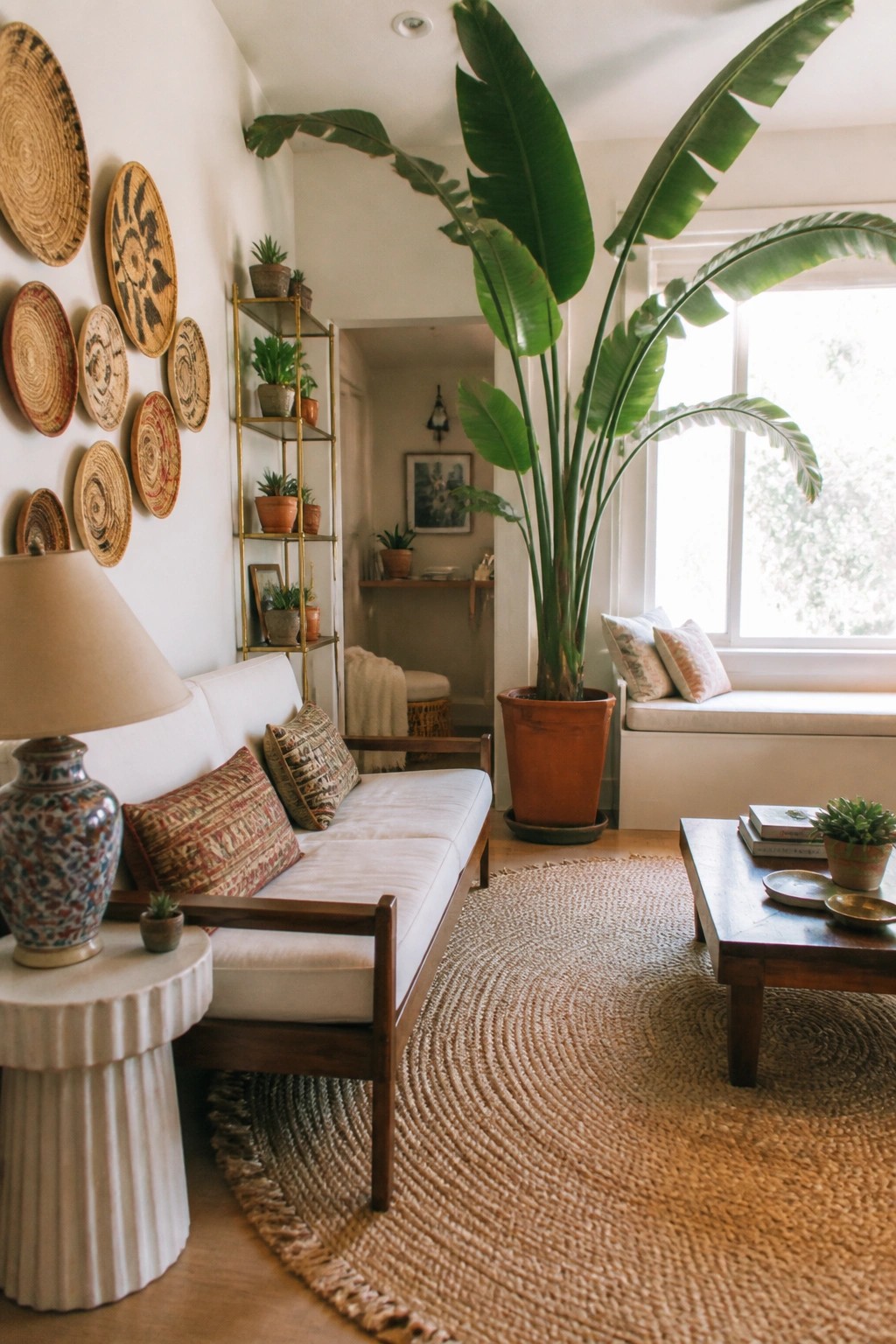 Cozy living room with white sofa, large potted plant, woven rug, and wall baskets