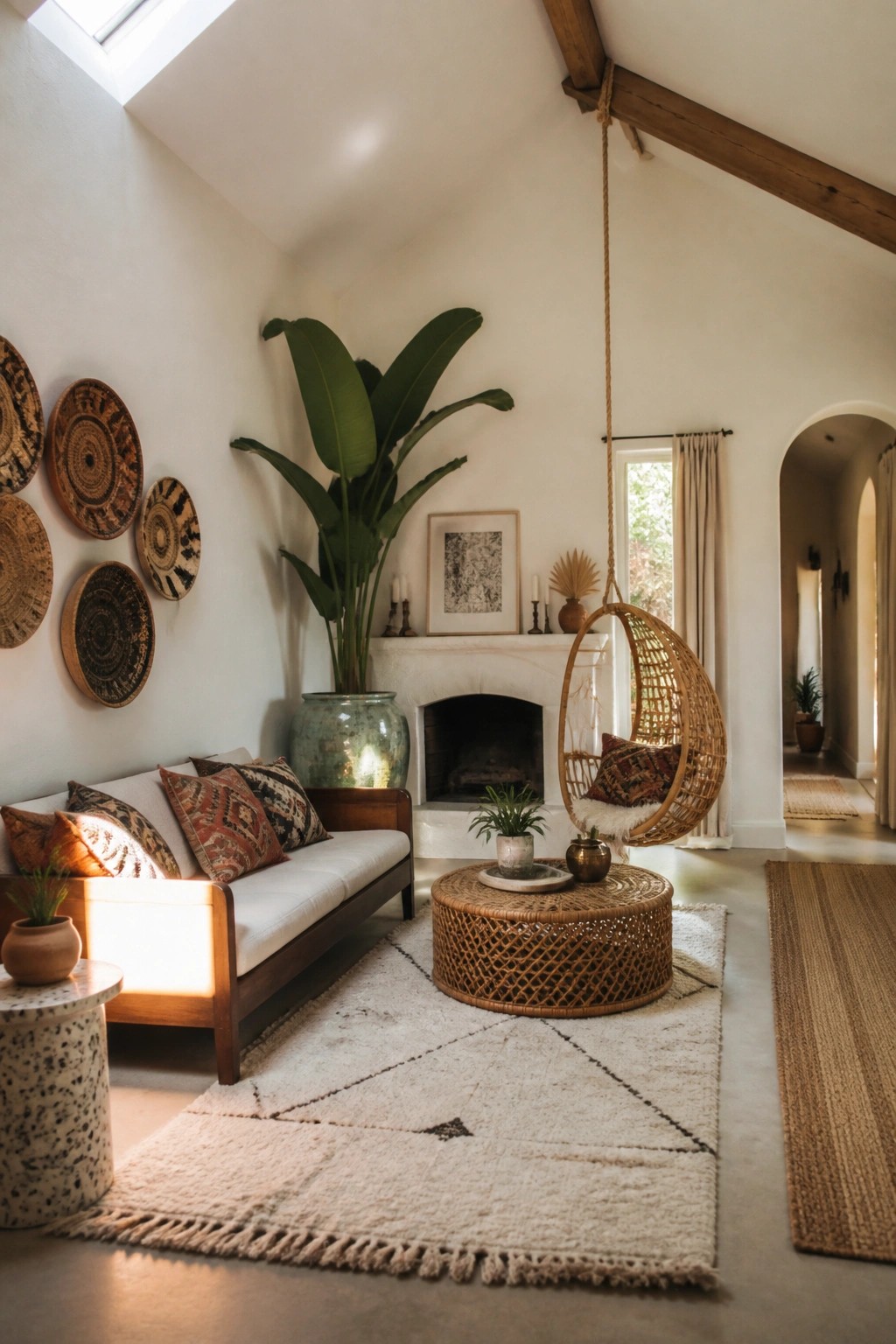 A bright living room with a large leafy plant beside a white fireplace, a hanging wicker chair, a white sofa with patterned pillows, and woven wall decor.