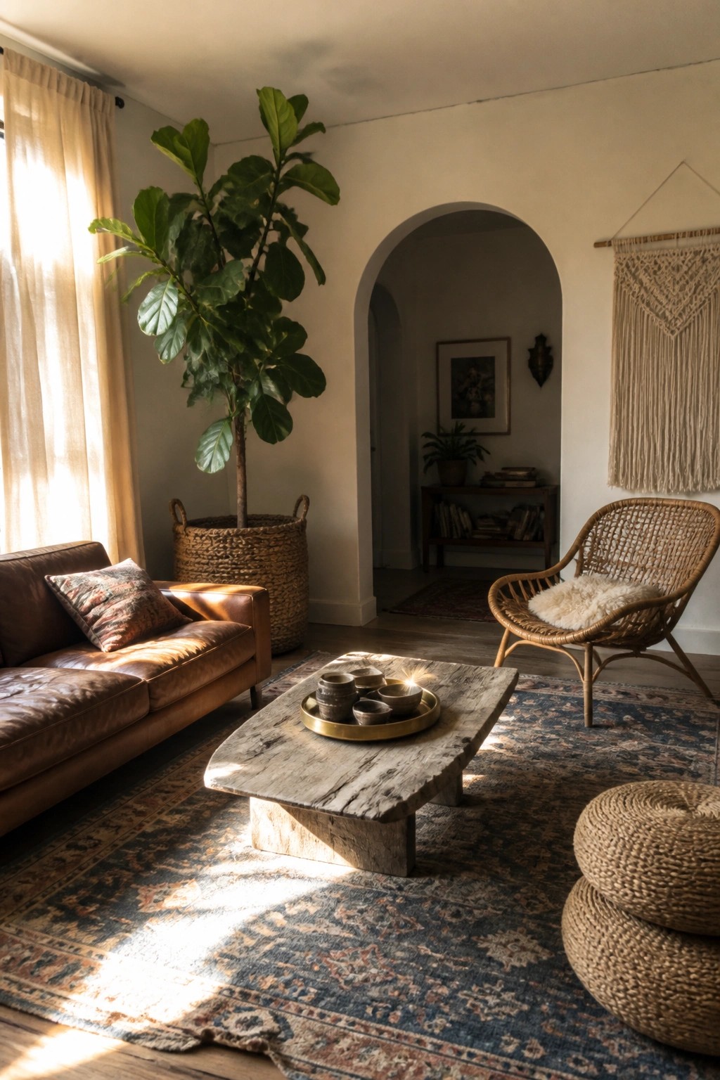 Sunlit living room with leather sofa, rustic coffee table, wicker chair, and fiddle leaf fig.