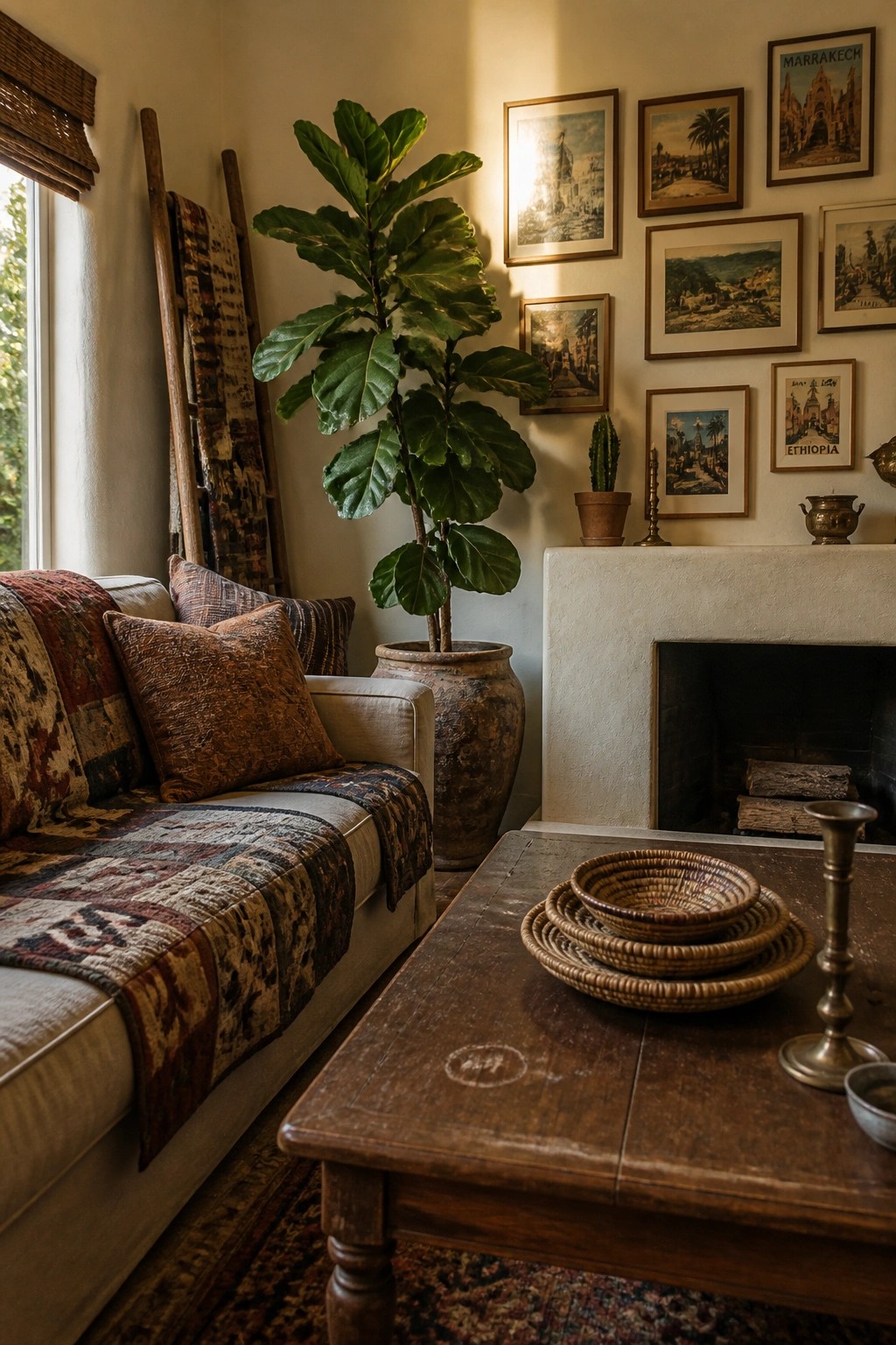 Cozy living room with fiddle-leaf fig, patterned sofa, wooden table, and framed travel prints.