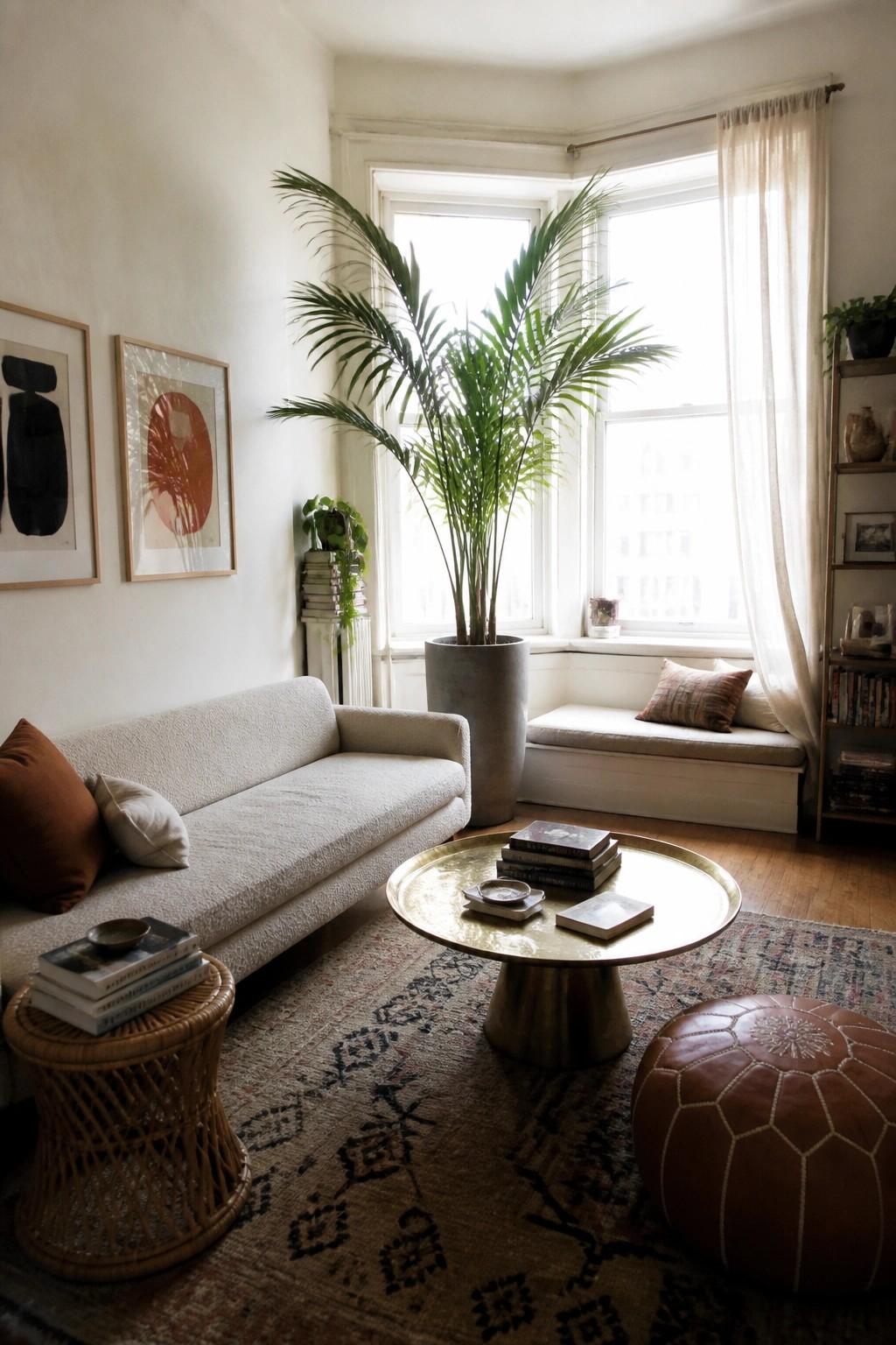 A living room featuring a light sofa, round brass coffee table on a patterned rug, large potted palm by the window, and brown leather pouf.