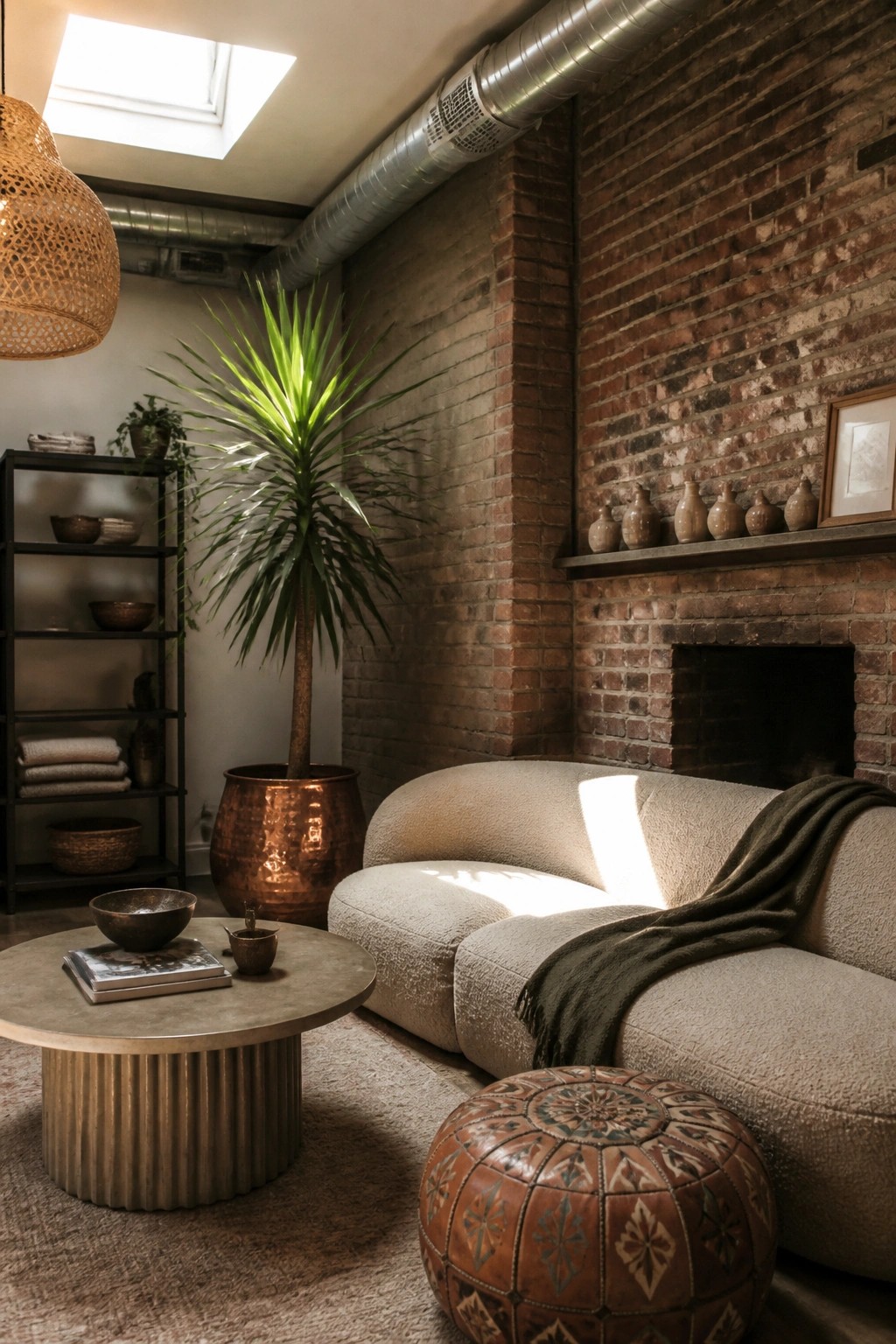 A living room with exposed brick walls features a large potted plant in a copper container next to a curved beige sofa and round coffee table.