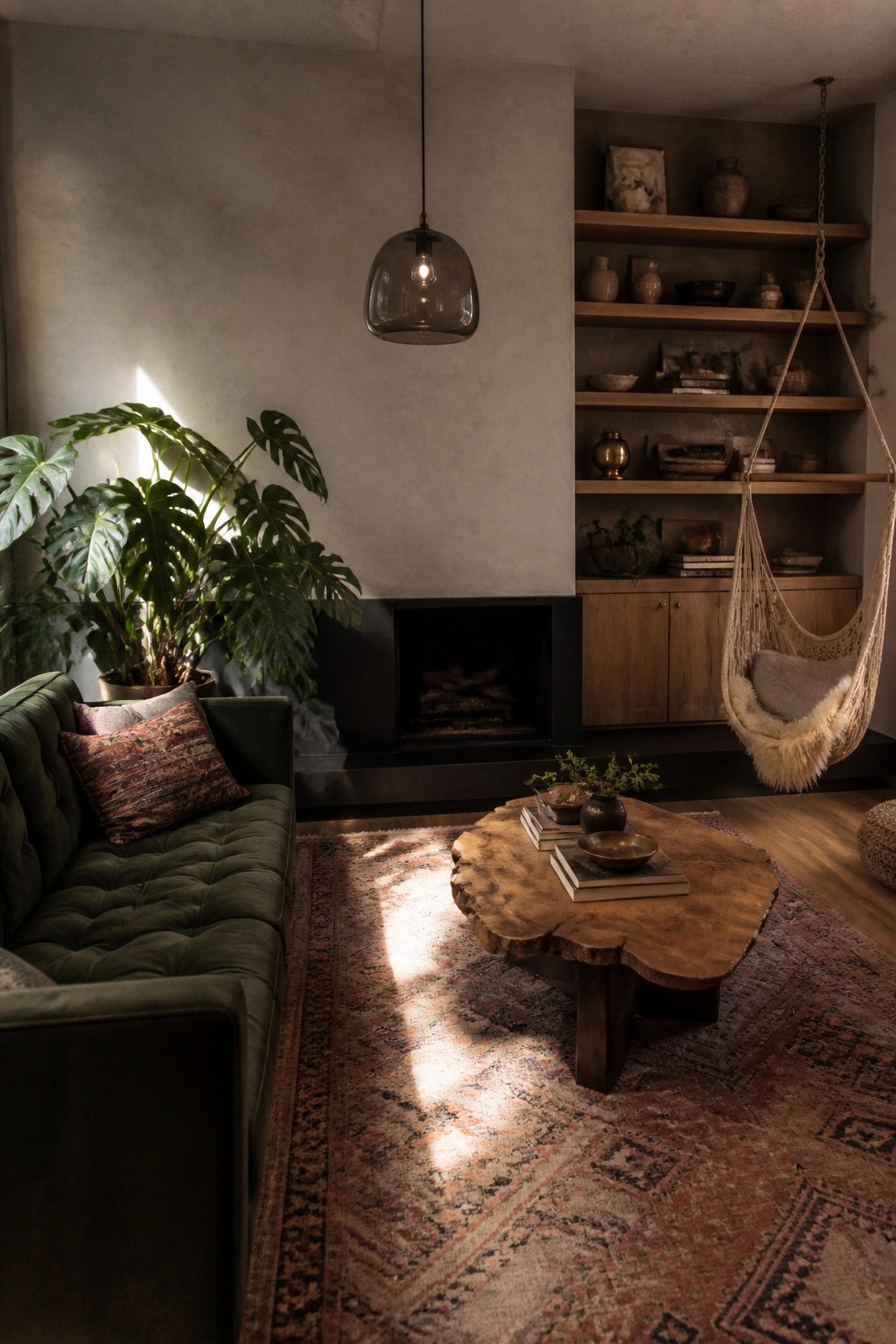 Cozy living room with green sofa, live-edge table, hanging chair, and fireplace