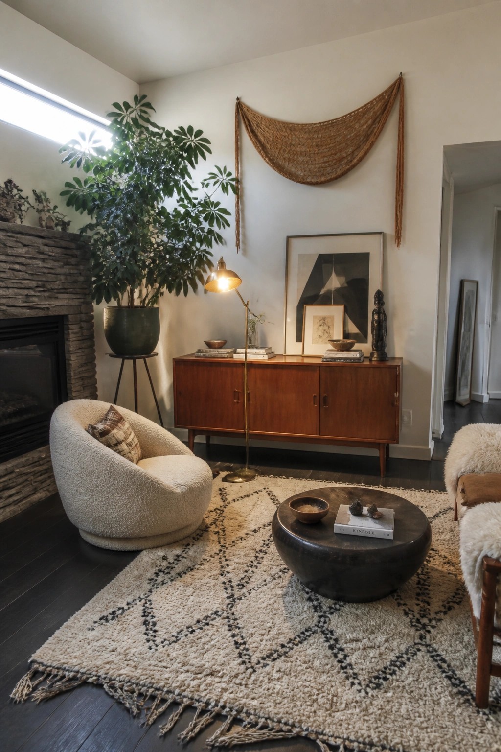 A living room corner showing a large leafy plant on a stand next to a stone fireplace, with a white boucle chair and a wooden credenza along the wall.