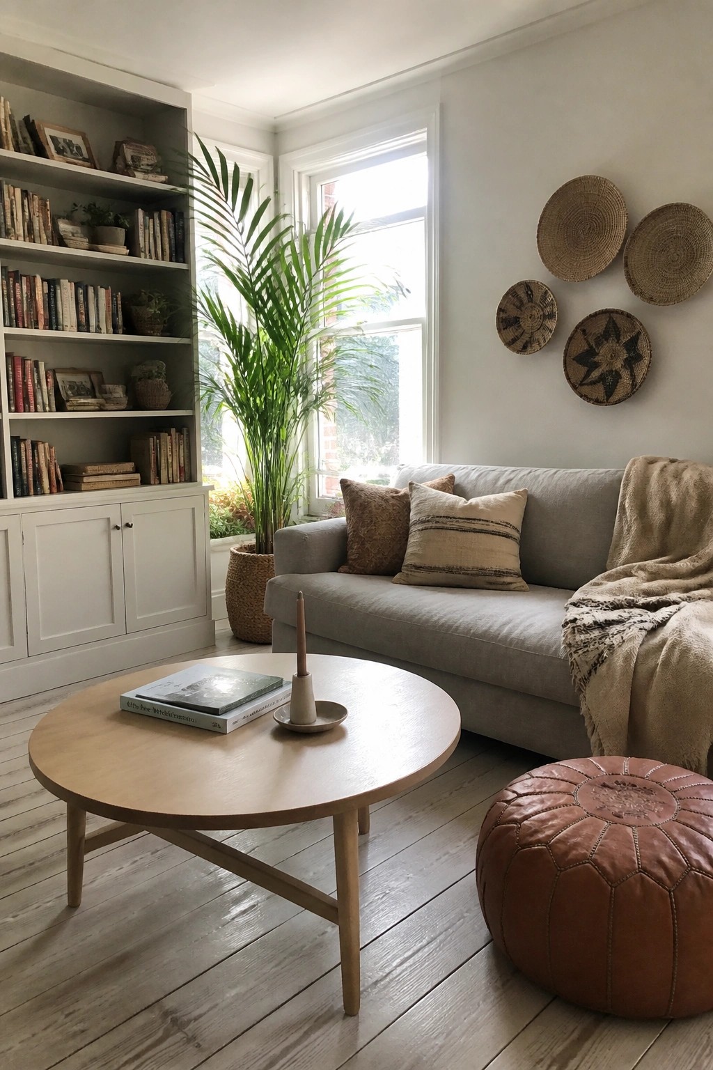 A living room scene showing a light gray sofa, round wooden coffee table, white built-in bookshelf, and a tall potted palm plant positioned near a window.