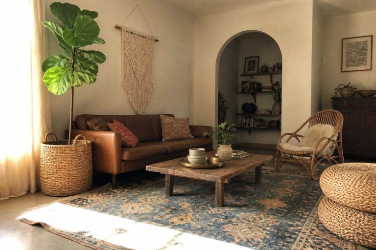 18 Lush Cozy Boho Living Room Ideas Styled Around Large Indoor Plants Sunlit living room with leather sofa, rustic coffee table, wicker chair, and fiddle leaf fig.