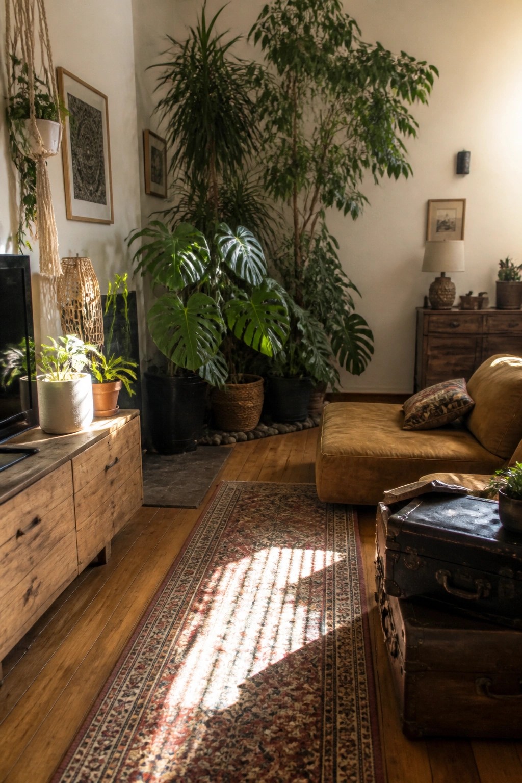 Sunlit living room with lush plants, brown sofa, wooden furniture, and patterned rug.