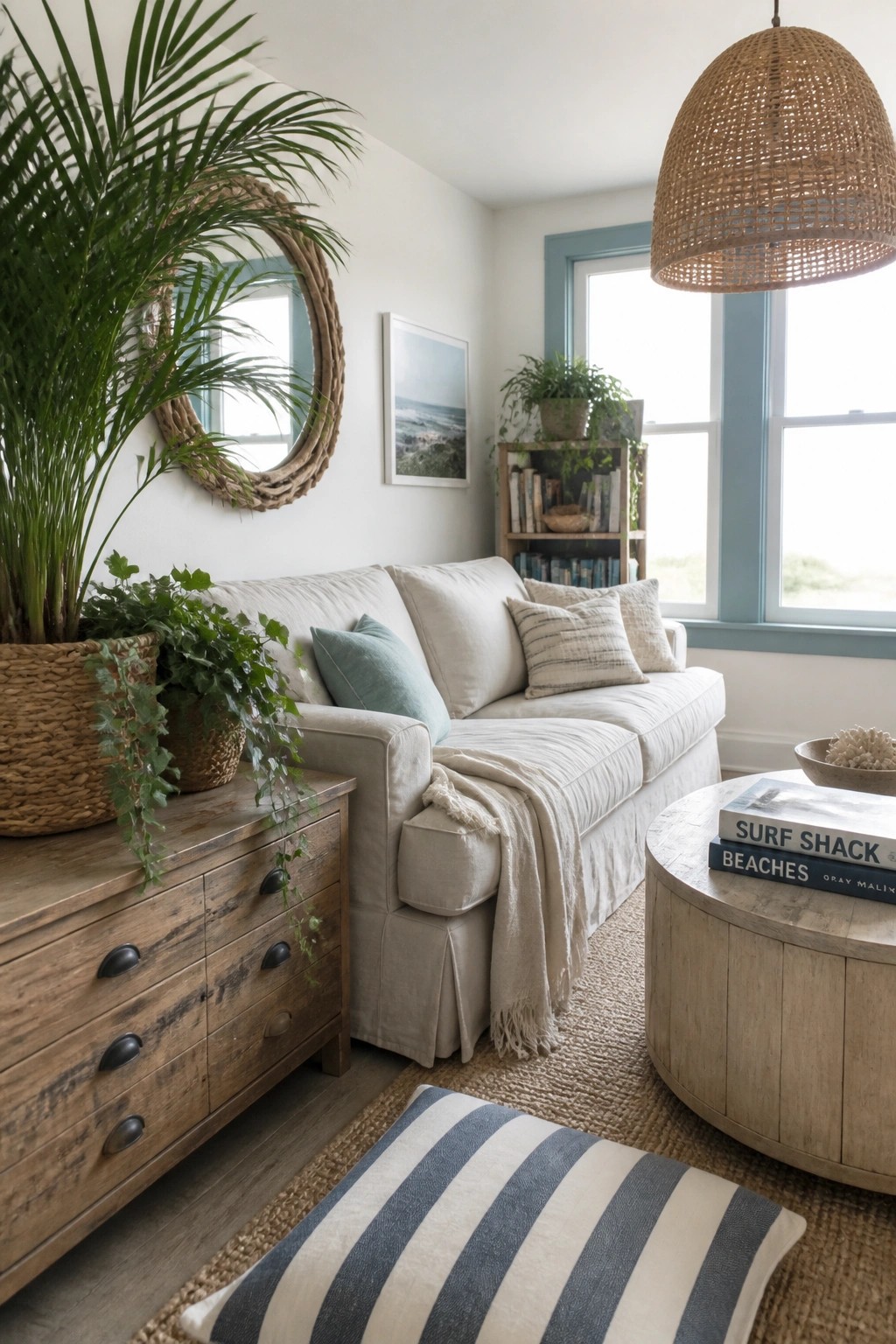 Living room with beige sofa, wooden console holding large potted palm and ivy plants, round coffee table with books, and woven pendant light.