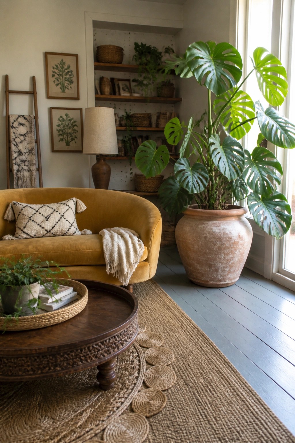 Yellow velvet sofa, large monstera in terracotta pot, round wooden table on jute rug.