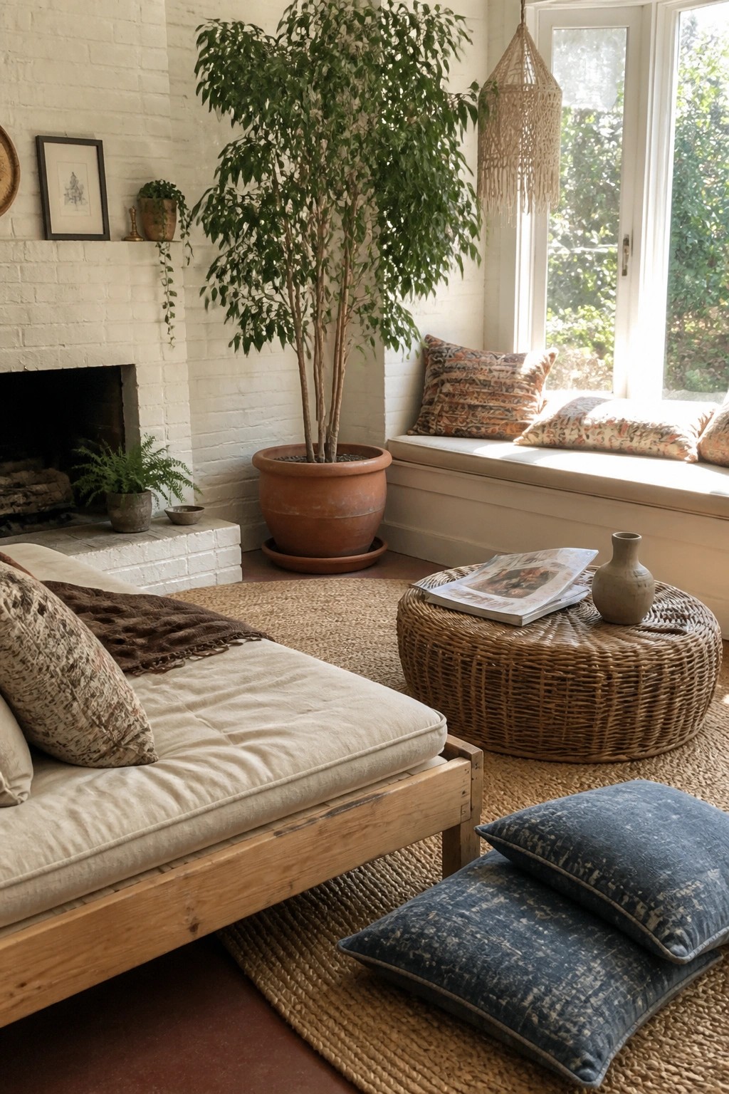 A bright living room with a large tree in a terracotta pot beside a window seat, a wooden daybed, a woven ottoman, and a white brick fireplace.