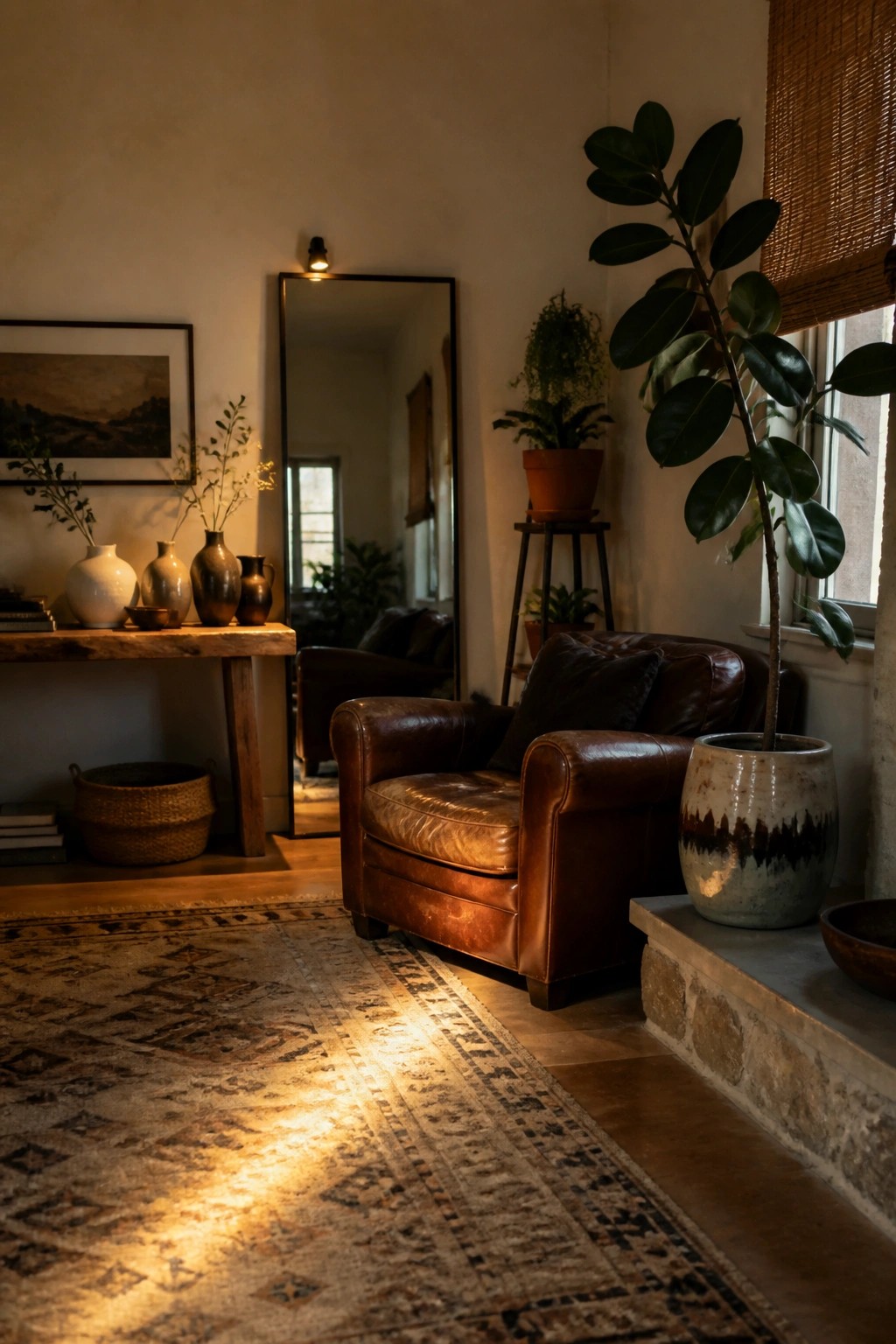 Sunlit room with brown leather armchair, large potted plant, and patterned rug.