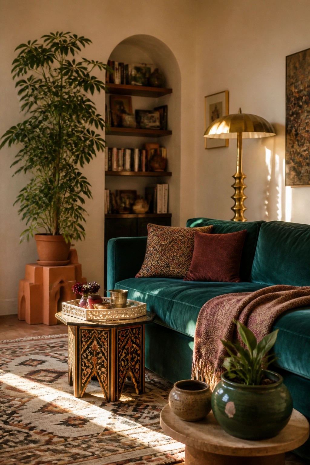 Cozy living room with teal velvet sofa, brass lamp, inlaid table, and potted plants.