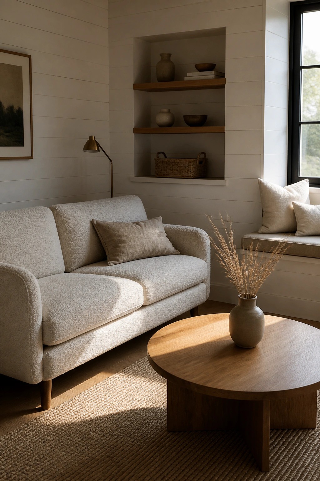A minimalist living room featuring a light upholstered sofa, round wooden coffee table with a vase, built-in recessed shelves holding pottery and a basket, and a window seat with cushions.