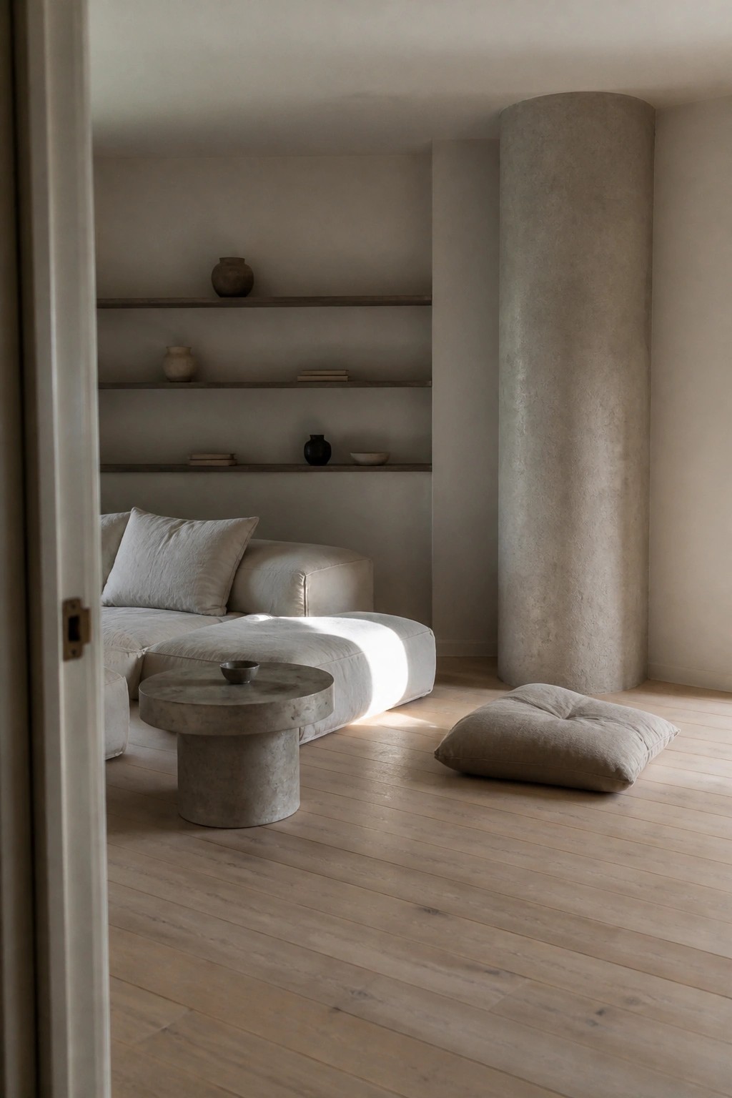 Minimalist living room with beige sectional sofa, concrete table, pillar, and floating shelves.