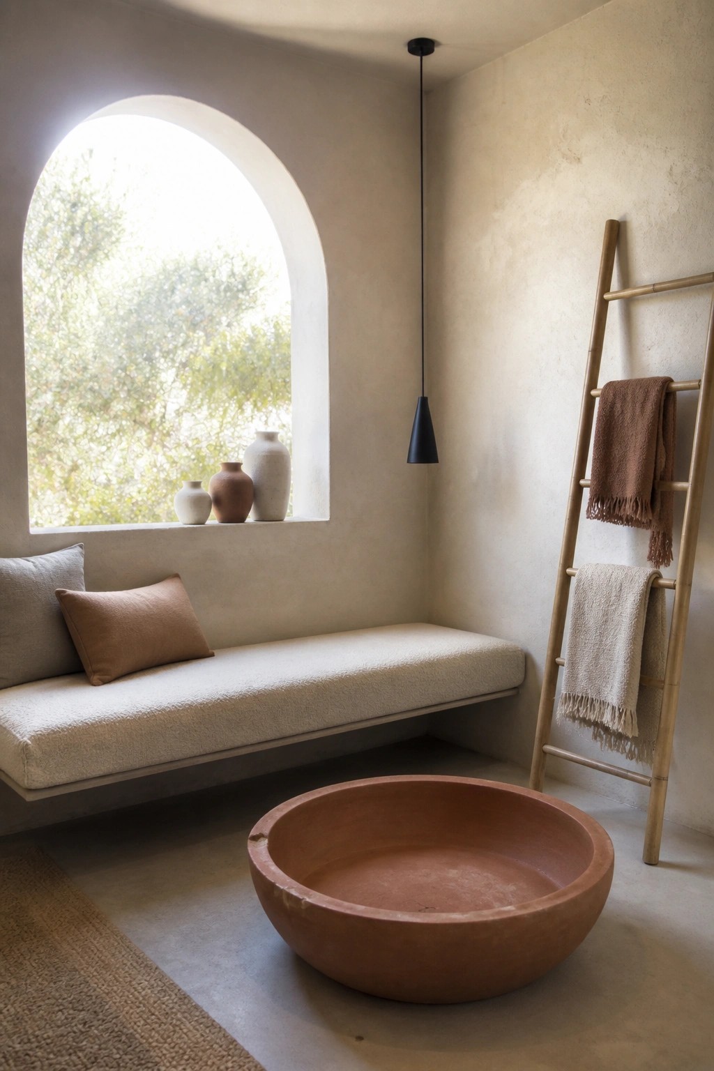 A minimalist interior room featuring a built-in bench under a large arched window, a large terracotta bowl on the floor, and a wooden ladder with towels against the wall.