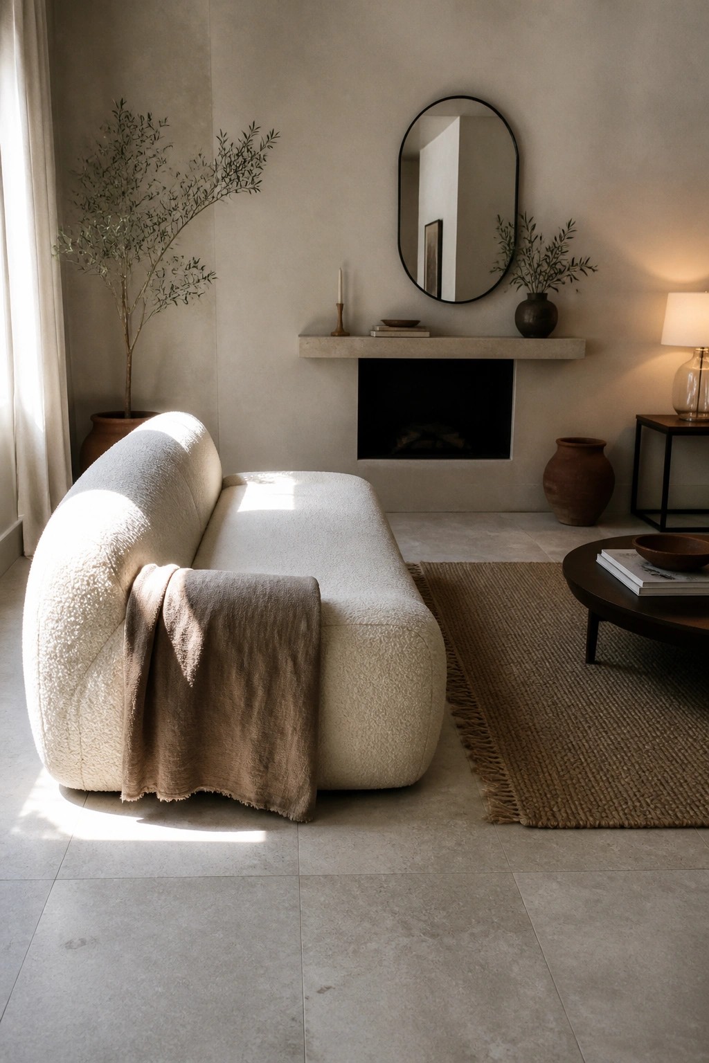 A minimalist living room featuring a large off-white boucle sofa with a beige throw, set against a concrete fireplace with a round mirror above the mantel.