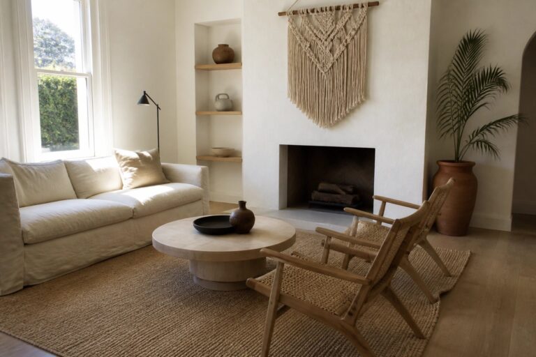 Minimalist living room with white sofa, round table, macrame art, and woven chairs.